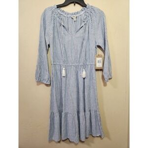 Frye and Co 3/4 Sleeve Blue White Striped Boho Tassel Dress Size‎ Small NWT